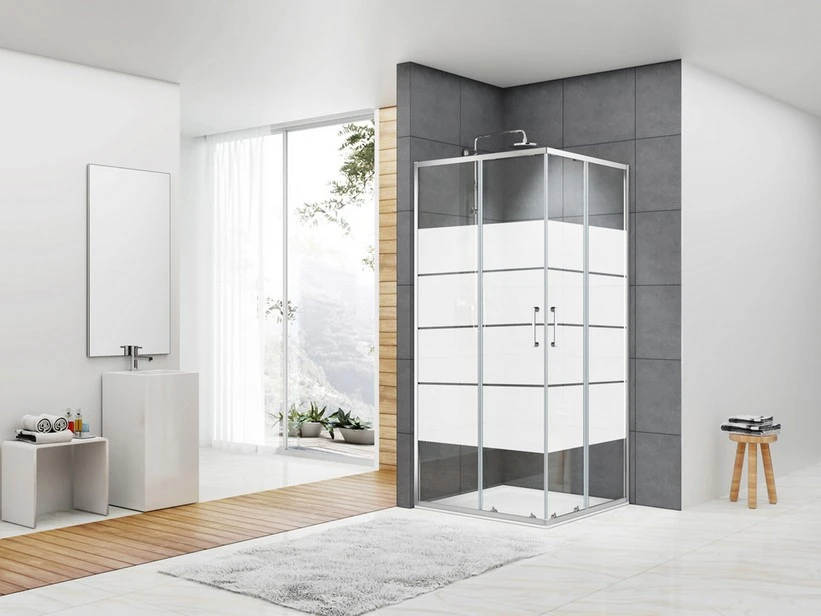 Box Doccia Angolare Arek 70x70 H190 Porte Scorrevoli Cristallo 6 Mm Trasparente Serigrafato Cromo 1 Box Doccia Angolare Arek 70x70 H190 Porte Scorrevoli Cristallo 6 Mm Trasparente Serigrafato Cromo