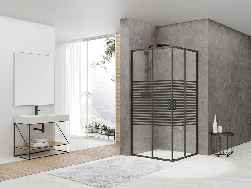 Box Doccia Angolare Arek 80x80 H190 Porte Scorrevoli Cristallo 6 Mm Trasparente Serigrafato Nero Opaco 1 Box Doccia Angolare Arek 80x80 H190 Porte Scorrevoli Cristallo 6 Mm Trasparente Serigrafato Nero Opaco