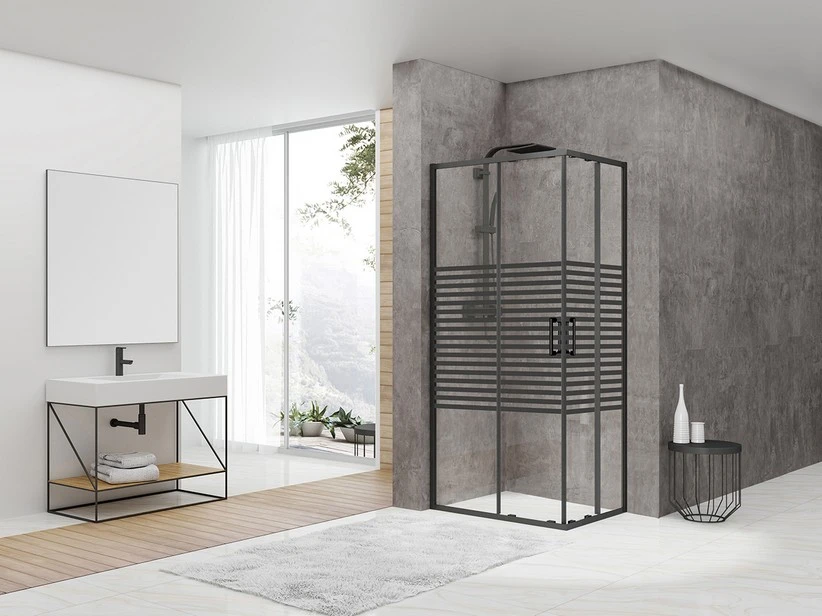 Box Doccia Angolare Arek 70x120 H190 Porte Scorrevoli Cristallo 6 Mm Trasparente Serigrafato Nero Opaco 1 Box Doccia Angolare Arek 70x120 H190 Porte Scorrevoli Cristallo 6 Mm Trasparente Serigrafato Nero Opaco